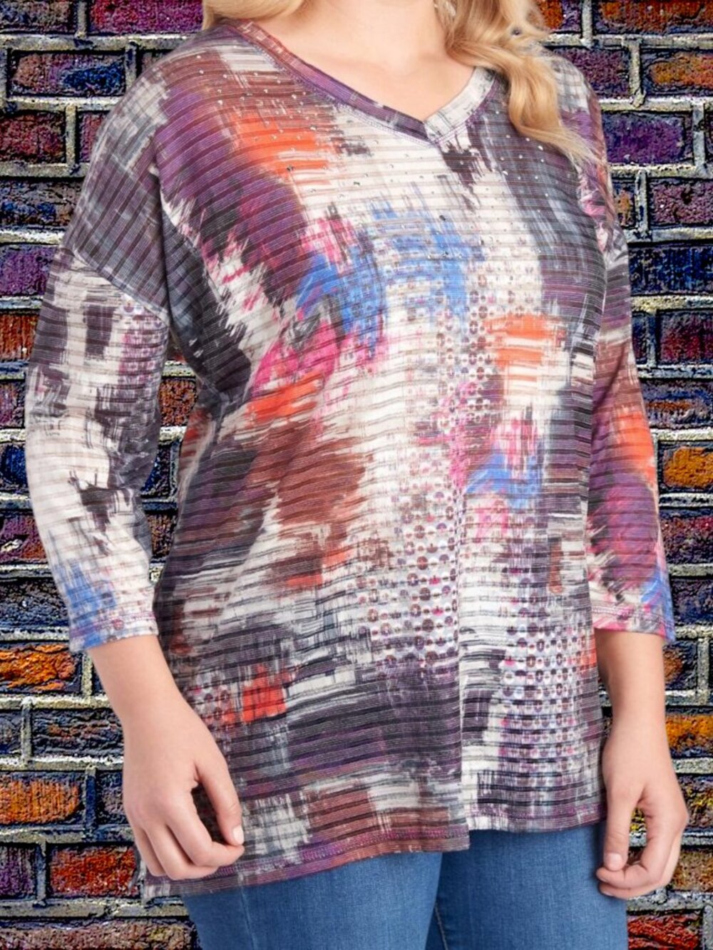 NWT Onque Casual Top Blouse Tunic Womens 1X Multicolor Abstract Studded Stretch